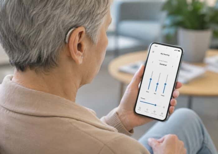 Person using smartphone connected to wireless hearing aids with hearing aid control app interface for modern hearing care and accessibility