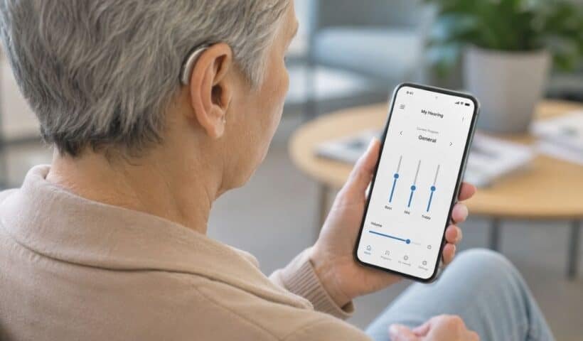 Person using smartphone connected to wireless hearing aids with hearing aid control app interface for modern hearing care and accessibility