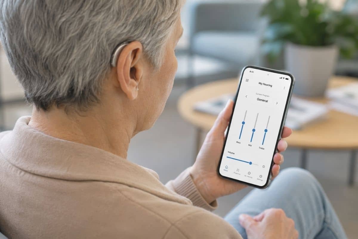 Person using smartphone connected to wireless hearing aids with hearing aid control app interface for modern hearing care and accessibility