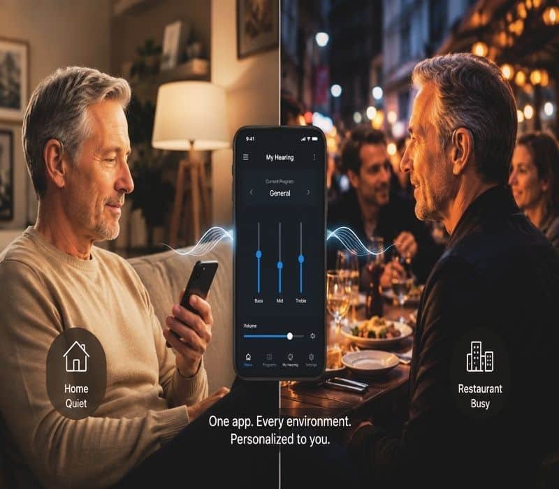Split lifestyle image showing quiet home and busy restaurant environment with person using smartphone to adjust hearing aid settings for personalized hearing experience